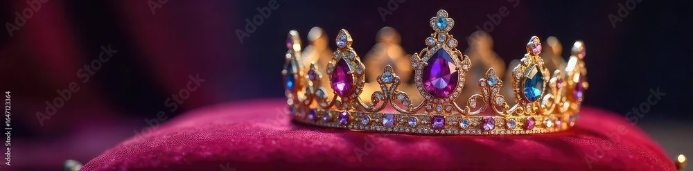 Fototapeta premium Sparkling Jeweled Crown on Velvet Cushion Intricate Details and Precious Stones Reflect Light, Perfect for Royalty, Fantasy, Luxury, and Jewelry Themes