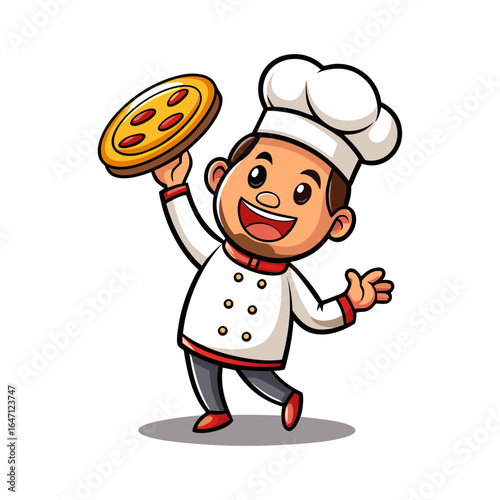 Cheerful Pizza Chef Cartoon Mascot Tossing Dough in Air, Fun Italian Restaurant Illustration, Smiling Culinary Character Vector Art