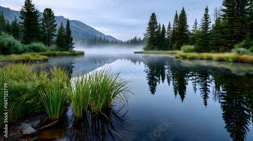 Tranquil River Surrounded by Lush Green Forest and Misty Mountains at Dawn