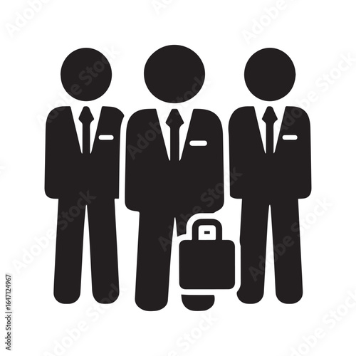 Businessmen icon with a team of three professional men in suits. Corporate symbol of management, staff, and partnership.
