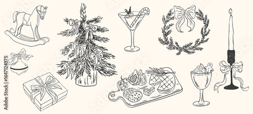 Hand drawn chalk vintage new year set. Whimsical Christmas dinner table decor candles, charcuterie, wine or champagne. Retro vintage ink holiday menu elements. La dolce vita vector illustration.