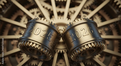 Mechanical Counter Turning to 2026 - Golden Gears and Clockwork Golden gears turn as time advances—2025 and 2026 etched in metal, capturing Transitioning to the New Year