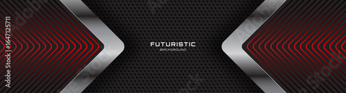 3D black techno abstract background overlap layer on dark space with glowing red stripes effect decoration. Modern graphic design element arrows style concept for web, flyer, card, or brochure cover