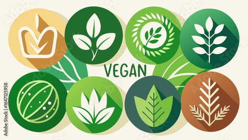 Vegan round icons set, featuring graceful leaf motifs, minimal curves, and natural green tones, symbolizing freshness, purity, and conscious living, ideal for eco-friendly packaging and organic café r