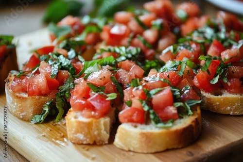 Close up of bruschetta with basil and tomato