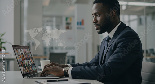 African american businessman in suit on laptop video call with world map overlay in office space