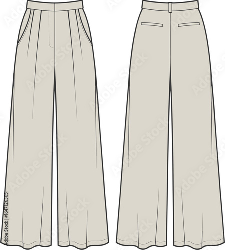 Wide leg tailored trousers flat sketch, women’s fashion pants design template, front and back view illustration
