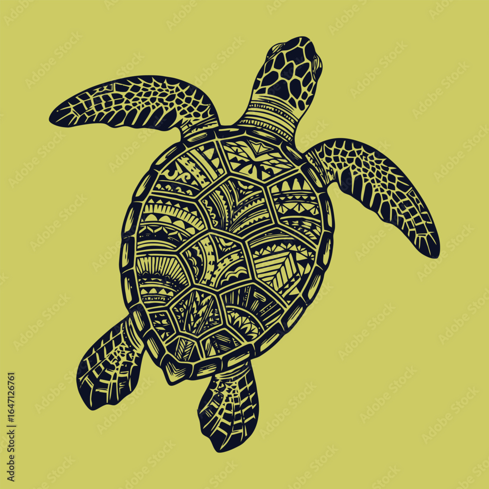 Fototapeta premium Sea Turtle's Patterned Voyage: An overhead view reveals an intricately patterned sea turtle gracefully navigating, embodying the beauty of marine life and artistic detail.