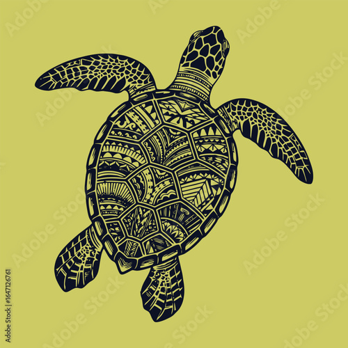 Sea Turtle's Patterned Voyage: An overhead view reveals an intricately patterned sea turtle gracefully navigating, embodying the beauty of marine life and artistic detail.