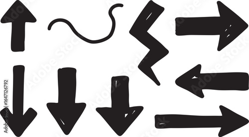 Collection of sketched arrows showing various directions and styles, isolated on white background