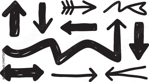Collection of sketched arrows showing various directions and styles, isolated on white background
