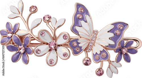 Butterfly floral hair barrette, elegant pink and purple hair clip, jeweled accessory, enamel design, romantic hair ornament