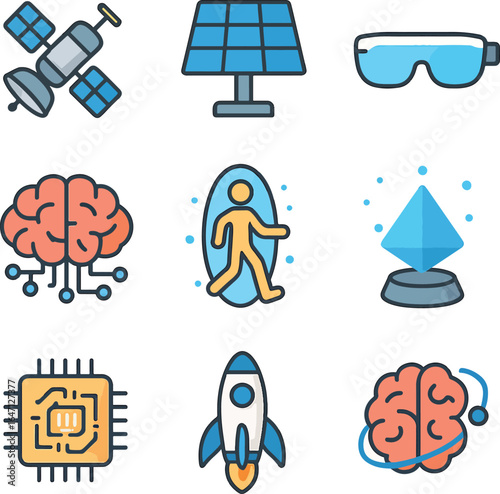 Flat line icon set of futuristic technology and scientific innovation. Collection includes symbols for artificial intelligence, space exploration, virtual reality, and neurotechnology.