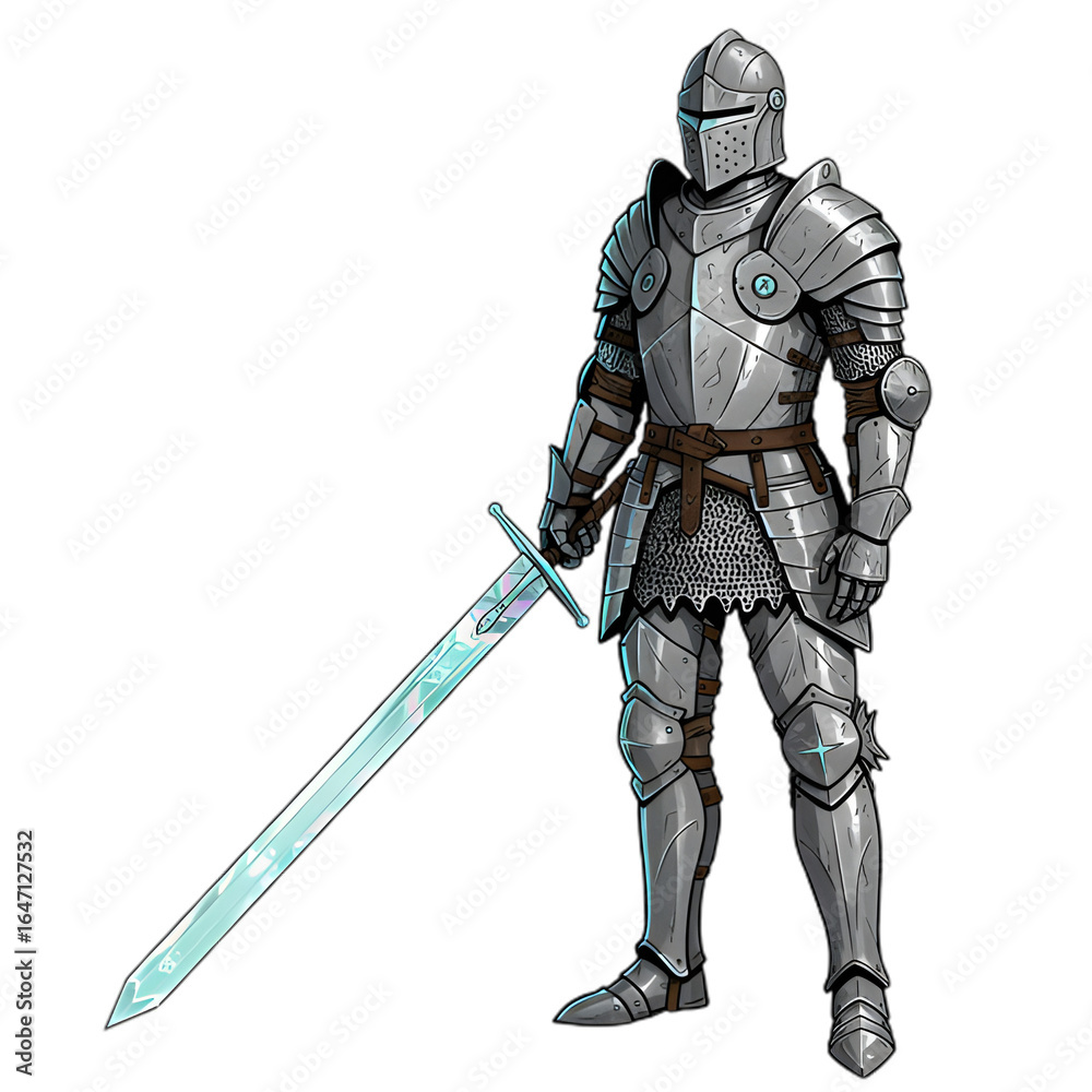 Obraz premium Illustration of a knight in full armor holding a glowing sword on a black background pose