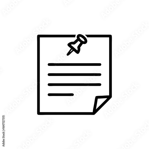 A simple line art icon of a paper note with a pushpin on a white background