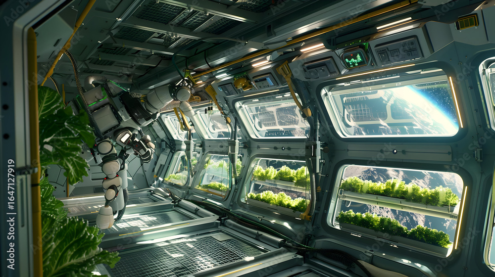 Obraz premium Futuristic space station hydroponic garden cultivating fresh greens with Earth visible through windows