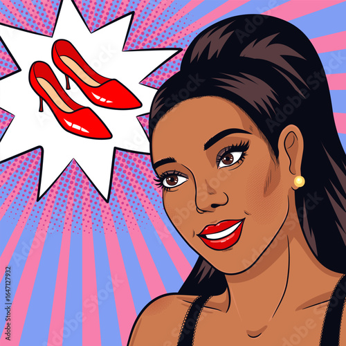 African american woman thinking of buying new shoe, online shopping concept vector illustration in pop art comic style