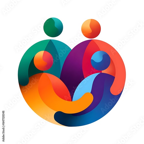 Colorful abstract heart shaped family embracing symbol with people figures isolated on white background