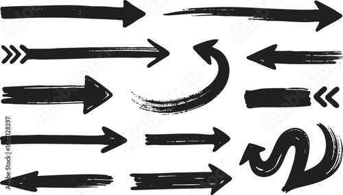 Set of handdrawn arrows indicating different directions and movements, isolated on white background