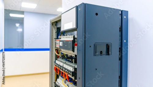Wallpaper Mural A commercial office electrical distribution board (DB box) mounted on a clean, light-gray wall, with its metal door open to reveal neatly arranged circuit breakers, labeled switches. Torontodigital.ca