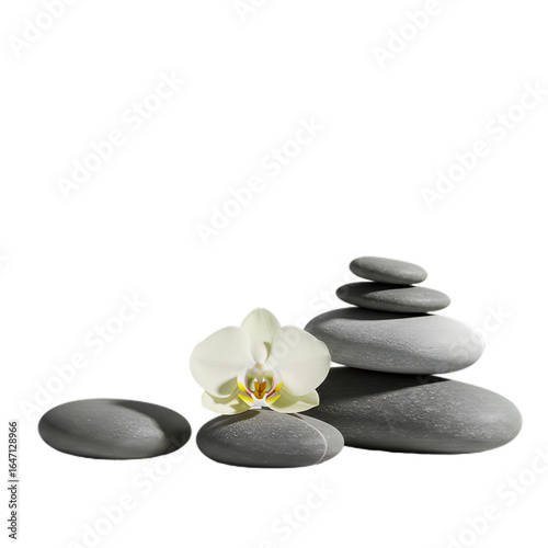 Still life of stacked gray stones with a white orchid blossom on a black background scene