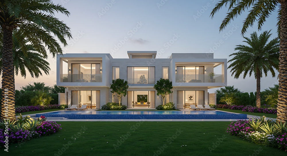 Fototapeta premium Luxury villa with lush landscaping in Dubai showcasing modern elegance