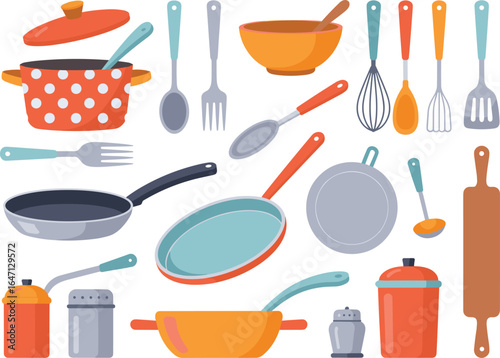 Flat kitchen utensils illustration, cookware doodle set, cooking tools clipart, cartoon pots and pans, colorful kitchenware vector