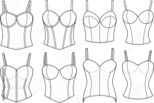 Women’s corset top fashion flat sketch, lingerie bustier design template, front and back view illustration