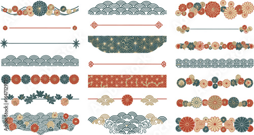 Elegant Japanese floral and wave decorative borders and dividers