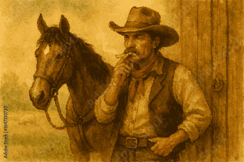 Cowboy with Horse Smoking next to Wooden Wall in Rustic Watercolor Painting