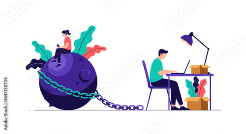 Chained to work office worker bound to desk by heavy ball and chain