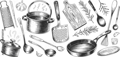 Hand-drawn kitchen utensils sketch, cooking tools illustration, black and white cookware drawing, vintage culinary art, rustic kitchen clipart