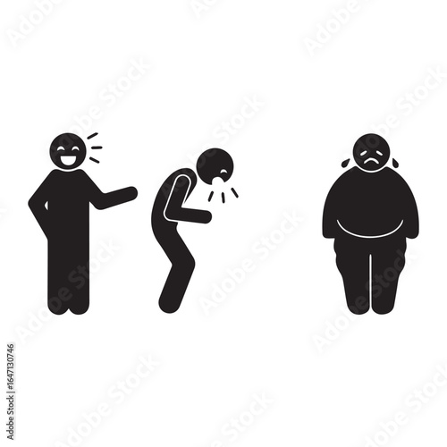 Bullying icon showing people laughing and pointing at a sad, overweight man. Symbol of body shaming, fat shaming, and social cruelty.
