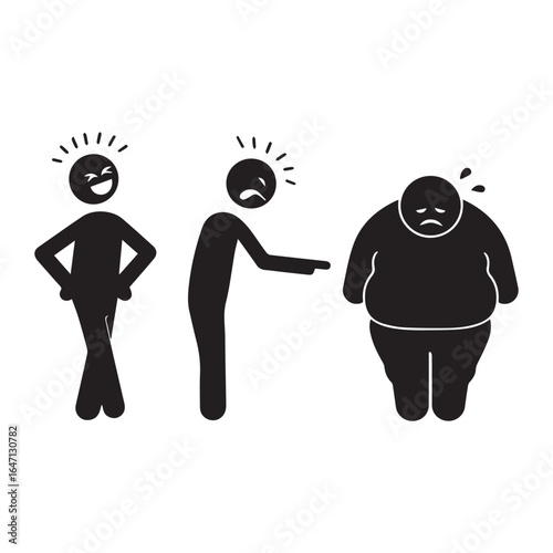 Bullying icon showing people laughing and pointing at a sad, overweight man. Symbol of body shaming, fat shaming, and social cruelty.
