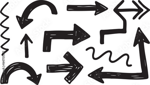 Set of black sketched arrows indicating different directions and movements, isolated on white background