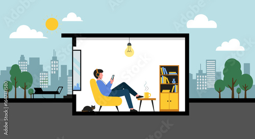 Person relaxing in yellow chair with headphones and phone enjoying coffee break