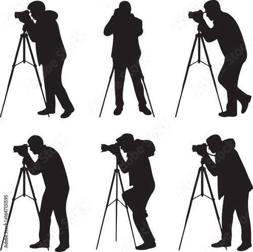 Photographer Tripod Silhouette Set – Minimalist Vector Icons for Travel, Wildlife, and Landscape Photography Projects