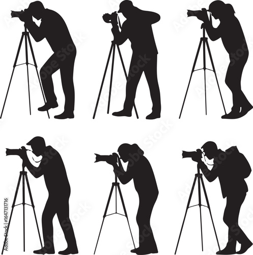 Photographer Tripod Silhouette Set – Minimalist Vector Icons for Travel, Wildlife, and Landscape Photography Projects