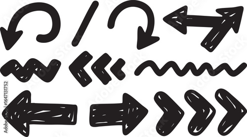 Set of black sketched arrows indicating different directions and movements, isolated on white background