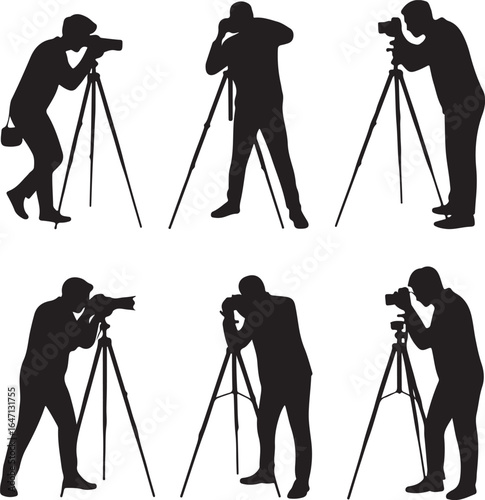 Photographer Tripod Silhouette Set – Minimalist Vector Icons for Travel, Wildlife, and Landscape Photography Projects