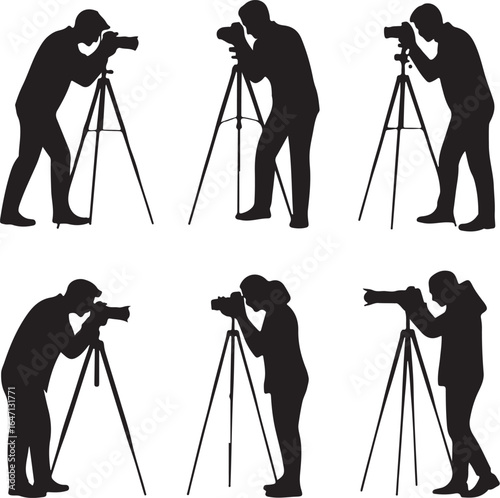 Photographer Tripod Silhouette Set – Minimalist Vector Icons for Travel, Wildlife, and Landscape Photography Projects