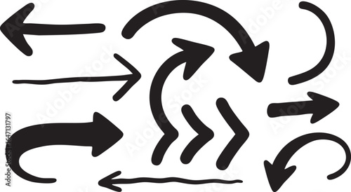 Set of black sketched arrows indicating different directions and movements, isolated on white background