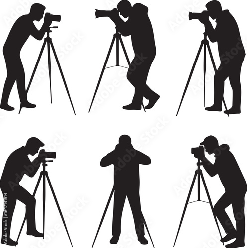 Photographer Tripod Silhouette Set – Minimalist Vector Icons for Travel, Wildlife, and Landscape Photography Projects