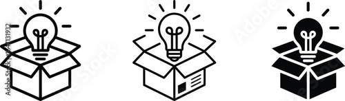 Three variations of a lightbulb emerging from an open box symbolizing innovation and new ideas