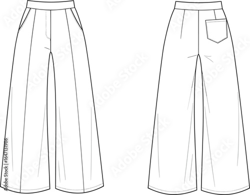 Women’s wide leg pants fashion flat sketch, palazzo trousers template, front and back technical illustration design