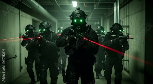 Special Forces Team with Night Vision and Laser Sights, Elite special forces unit advances through a dark corridor an intense and tactical scene in a dark, abandoned building