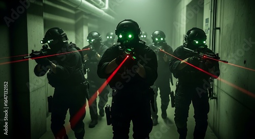 Special Forces Team with Night Vision and Laser Sights, Elite special forces unit advances through a dark corridor an intense and tactical scene in a dark, abandoned building