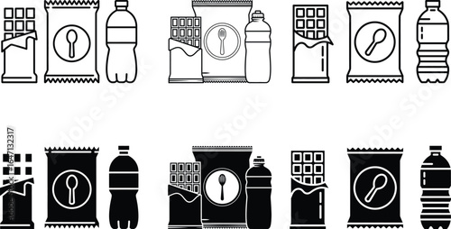 Collection of snack and drink icons in outline and solid black styles