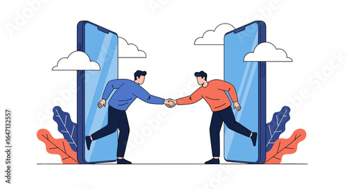 Digital connection between two people through modern smartphones facilitating collaboration