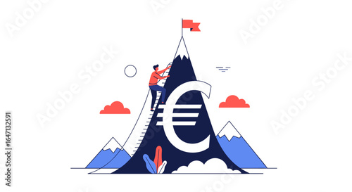 Achieving financial goals climbing the summit with euro symbol